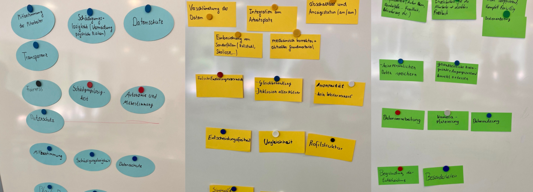 Drei Pinnwände die mit Haftnotizen versehen sind. Jeder Pinnwand ist genau eine Farbe zugeordnet