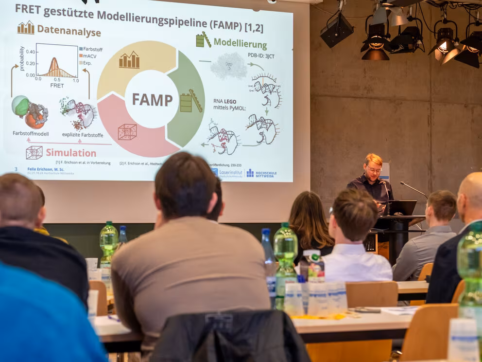 Rücken von Zuhörenden, eine männliche Person steht vor einer Projektionswand