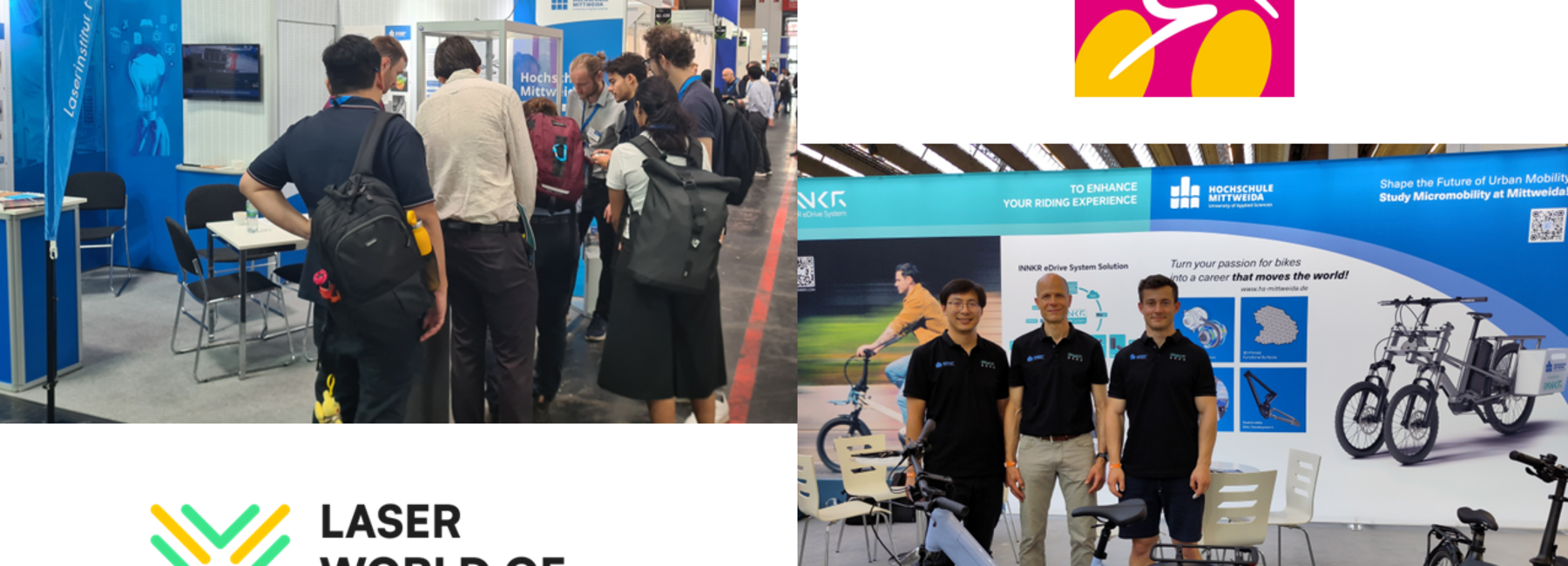 Zwei Messelogos, ein Bild einer Menschentraube am Messestand und ein Bild mit drei männlichen Personen auf einem Messestand