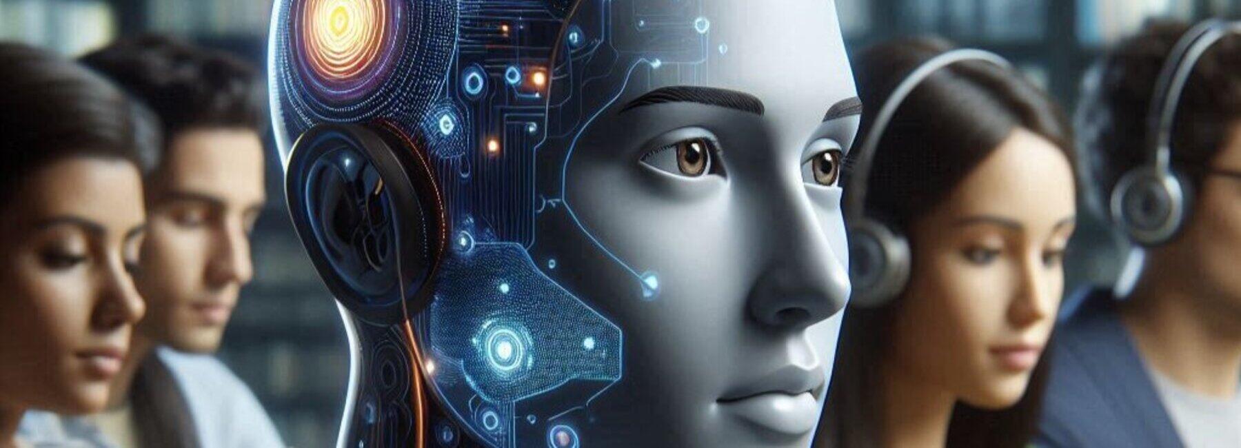 Symboldbild, menschliche Köpfe, Kopf eines Roboters, transparent