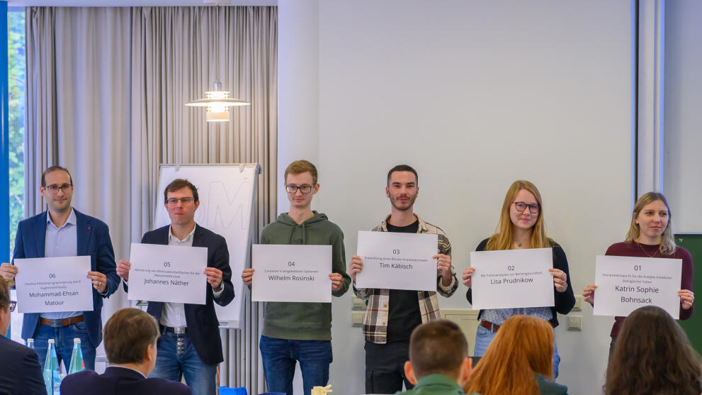 Sechs Personen halten je ein großes Namensschild hoch vor Publikum