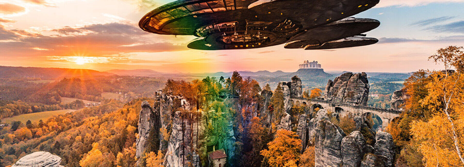 Bildcollage aus Basteibrücke in Rathen und einem Raumschiff