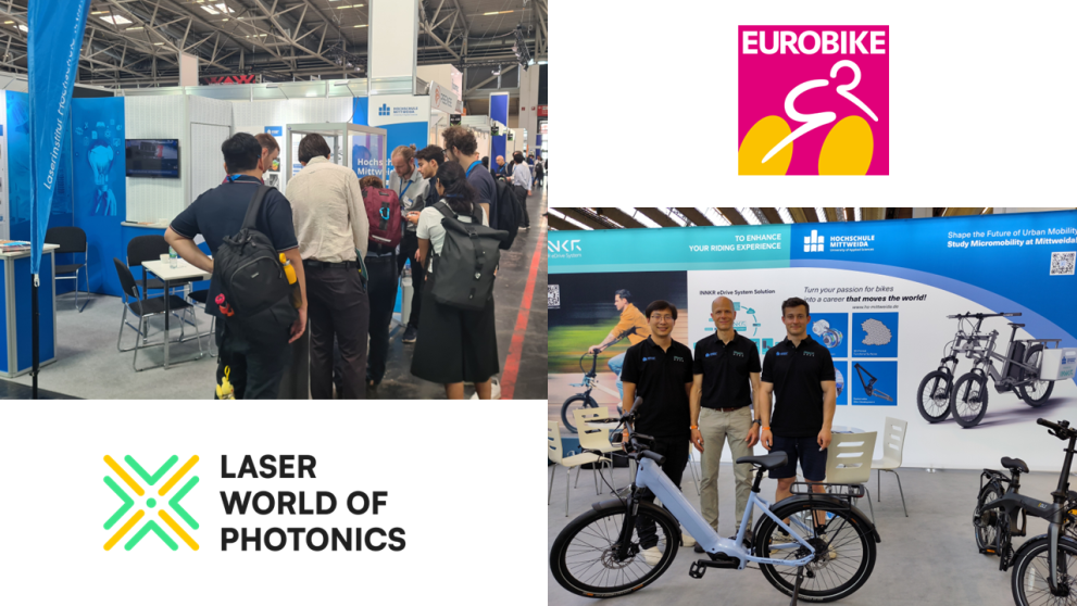 Zwei Messelogos, ein Bild einer Menschentraube am Messestand und ein Bild mit drei männlichen Personen auf einem Messestand